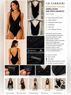 I.D. Sarrieri Swarovski Crystal Embellished Black One Piece Swimsuit Small EU 38
